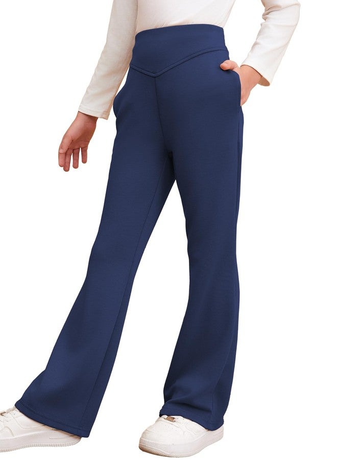 blibean Teen Girls Flare Pants Big Kid Fall Bell Bottom Leggings Solid Casual School Uniform Elastic High Waist Pant Spring Formal Wide Leg Legging with Pockets Size 12-13 Year Old Navy Blue - Image 1